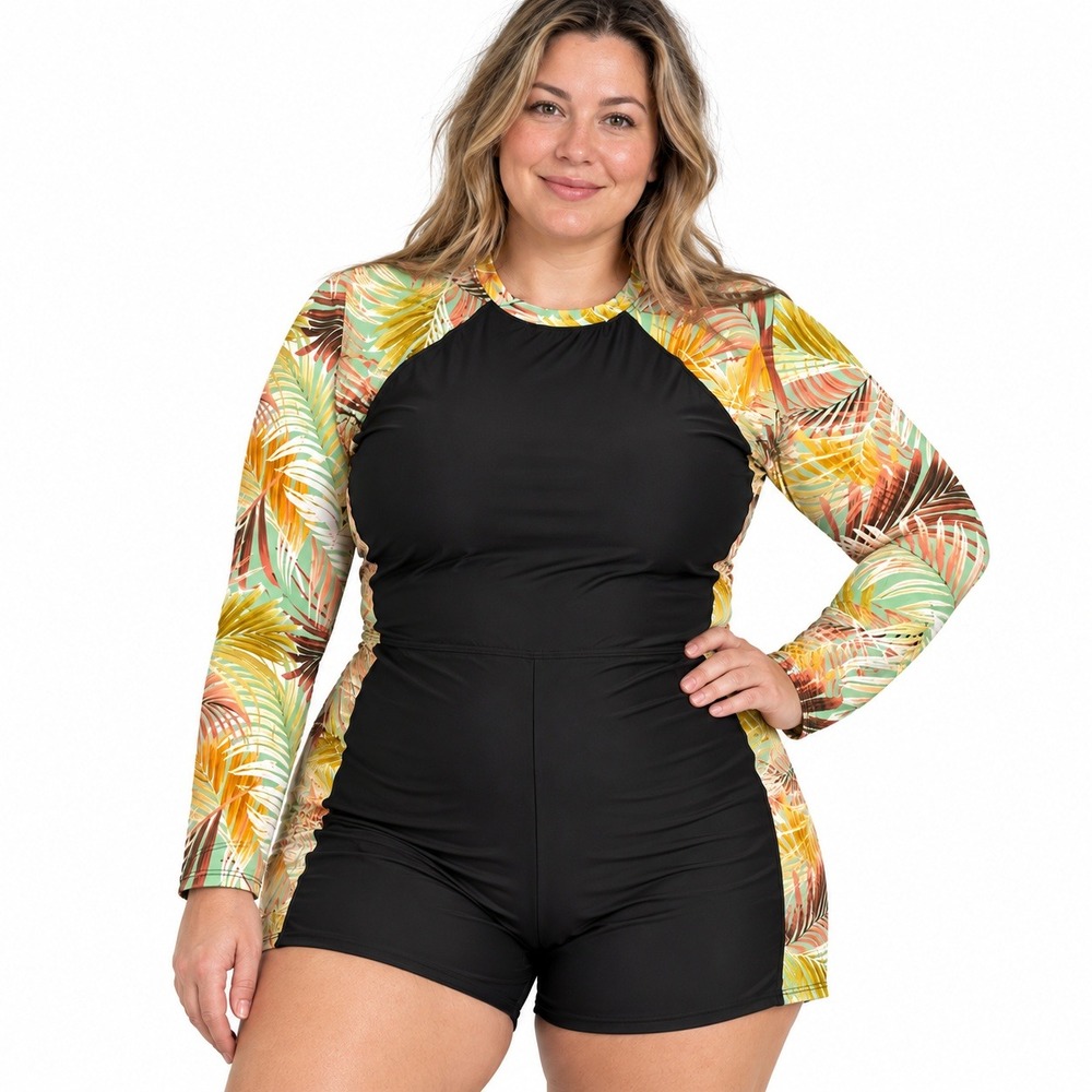 Torrid Active Swim Black Tropical Palm Leaf Rashguard Short One Piece Size 2 2X